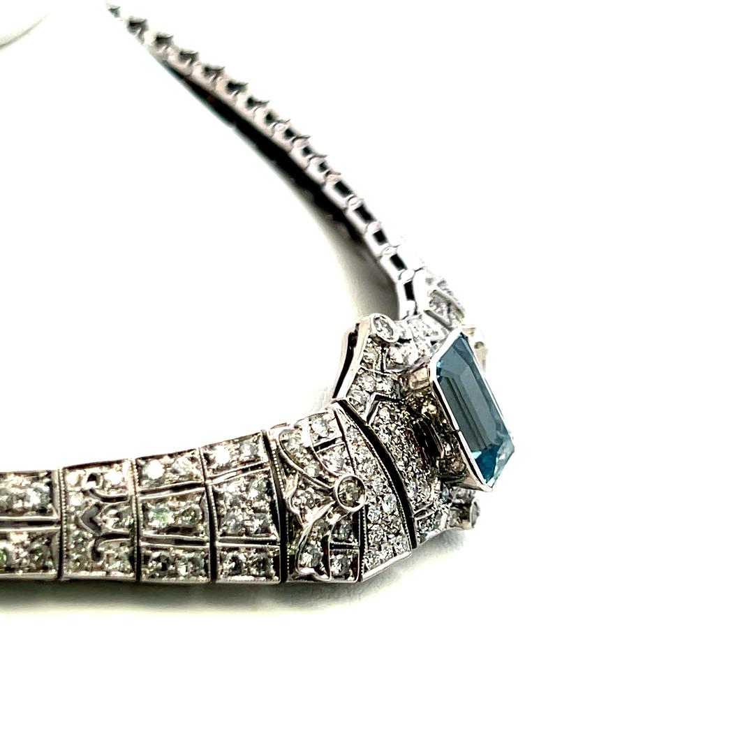 Emerald-Cut Aquamarine Collar Necklace & 6.00ct G SI Diamonds 18K White Gold