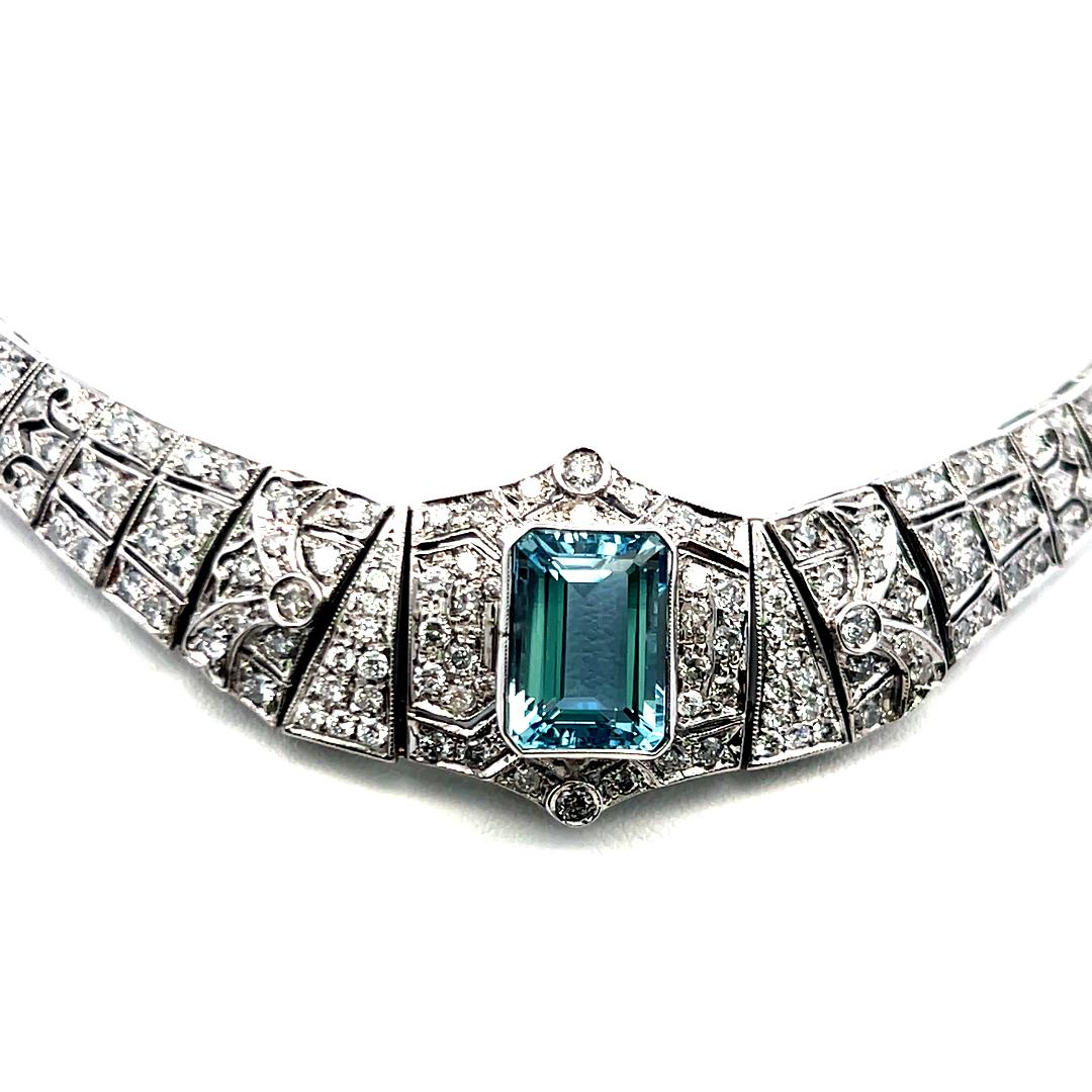 18K WG Collar Necklace with 6ct Round I SI Diamonds & 13x9.75x6.20 MM Aquamarine