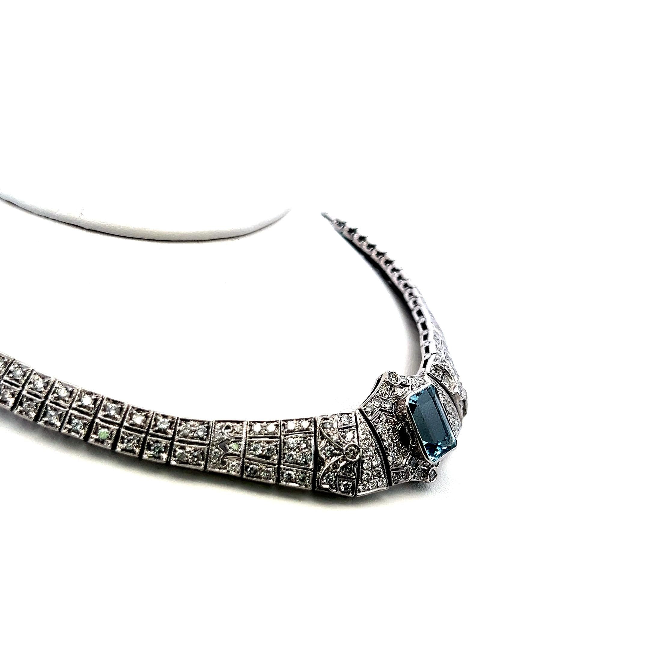 18K WG Collar Necklace with 6ct Round I SI Diamonds & 13x9.75x6.20 MM Aquamarine
