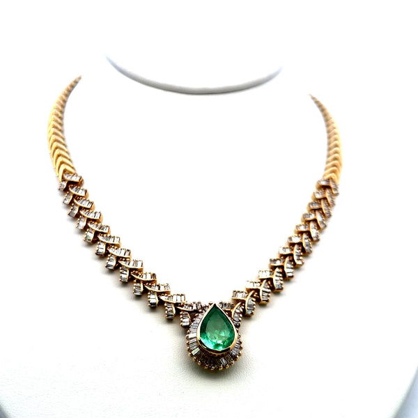 5.34ct Pear Emerald Necklace with 6.40ct J–I Diamonds in 14K Yellow Gold