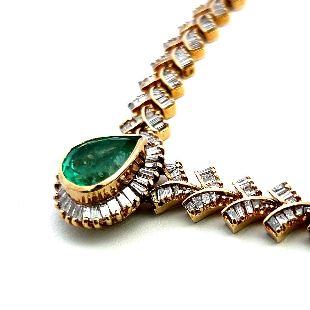 14K YG Collar Necklace with 6.4 Carat Baguette Diamonds & 5.34 Carat Emerald