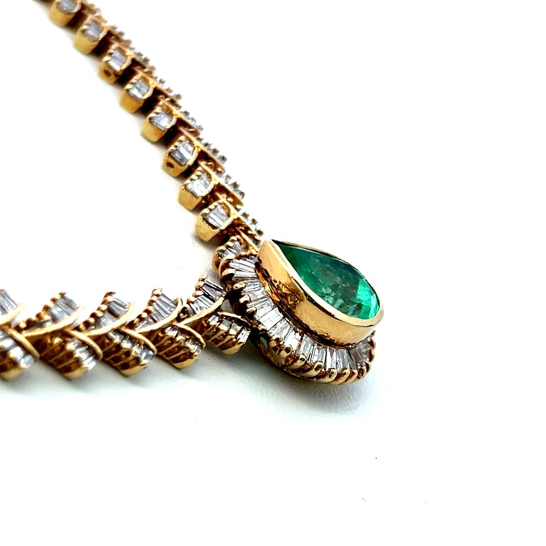 5.34ct Pear Emerald Necklace with 6.40ct J–I Diamonds in 14K Yellow Gold