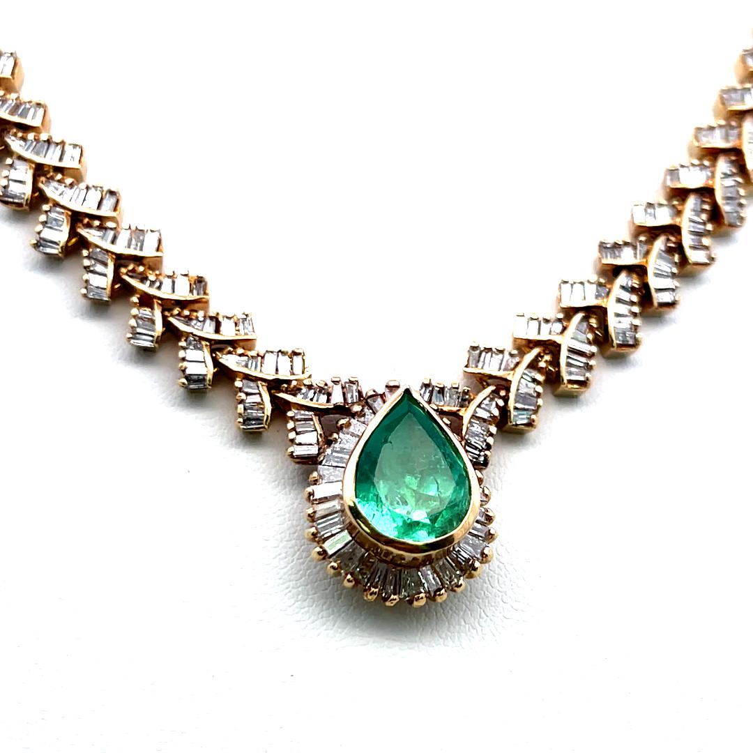 5.34ct Pear Emerald Necklace with 6.40ct J–I Diamonds in 14K Yellow Gold