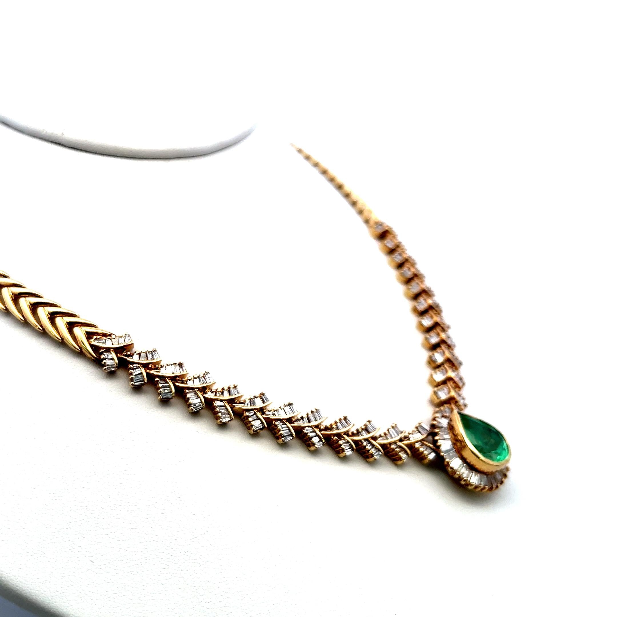 5.34ct Pear Emerald Necklace with 6.40ct J–I Diamonds in 14K Yellow Gold