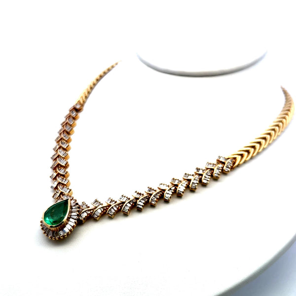 5.34ct Pear Emerald Necklace with 6.40ct J–I Diamonds in 14K Yellow Gold