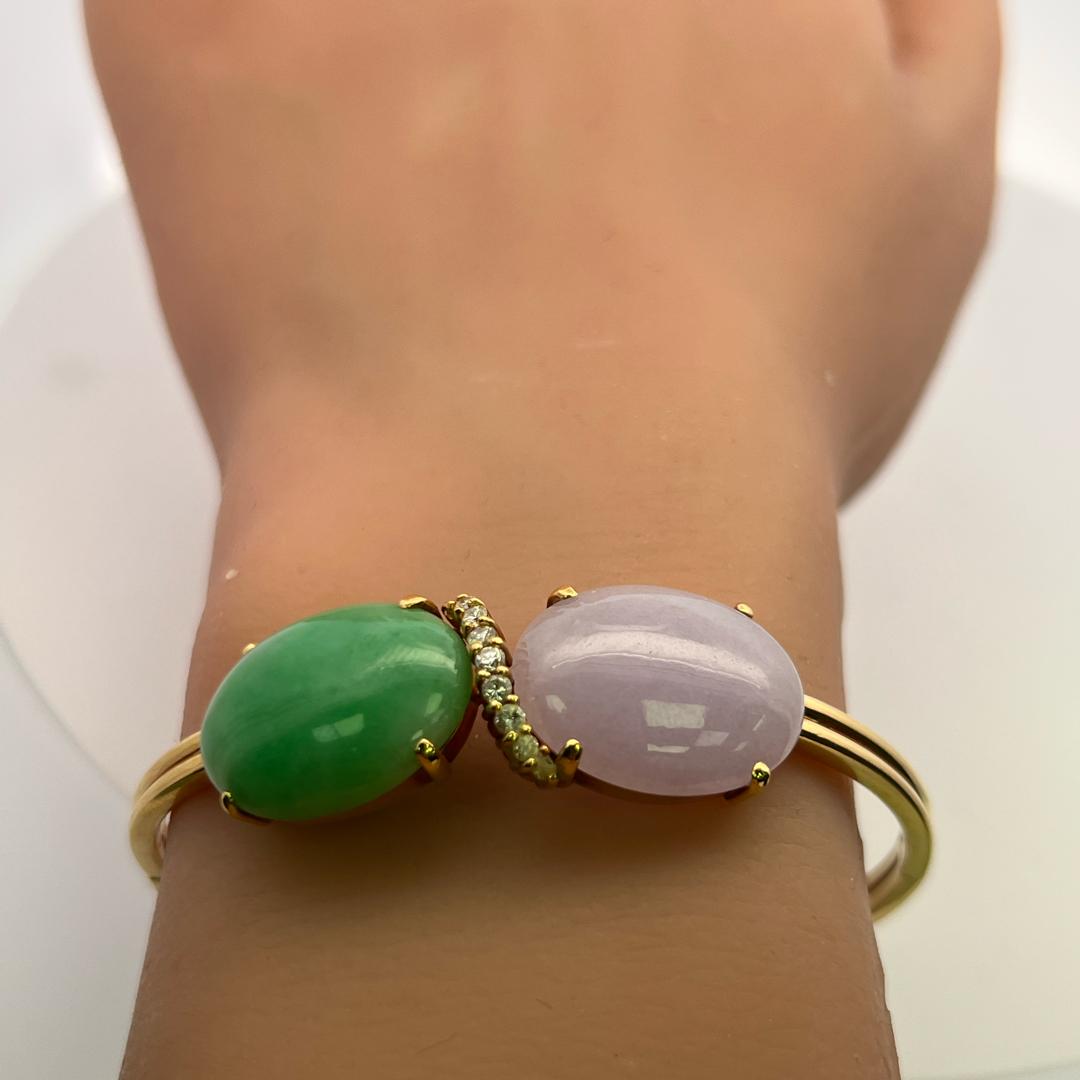 15–18mm Oval Jade Bangle Bracelet 0.26ct J SI Diamonds in 18K Yellow Gold