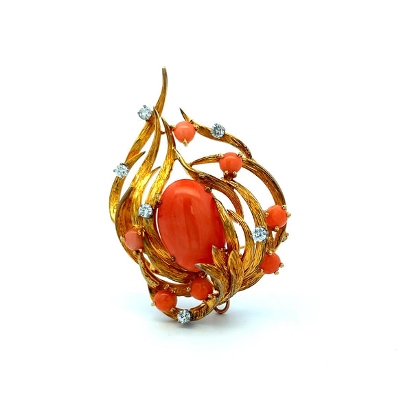 Coral & Diamond 14K Yellow Gold Flame Brooch 0.60ct G VS Vintage Estate