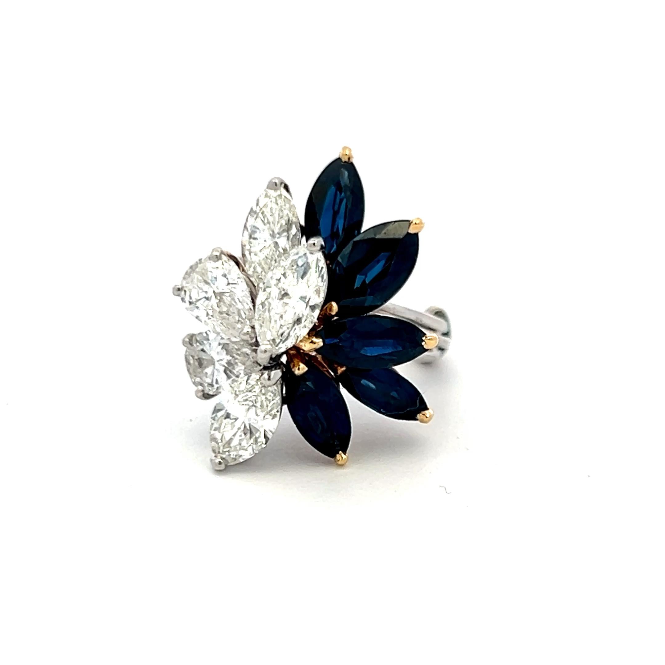 3.00ct Marquis Sapphire & 2.50ct Diamond Platinum Vintage Cocktail Ring