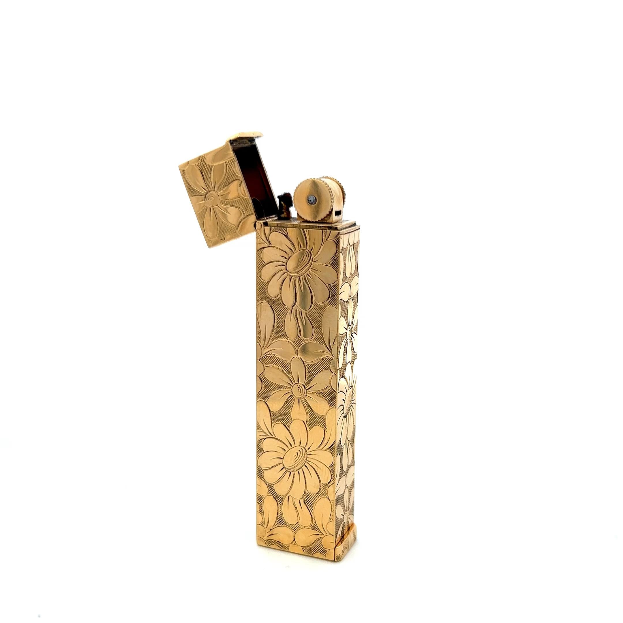 Van Cleef & Arpels 18K Yellow Gold Floral Engraved Vintage Cigarette Lighter