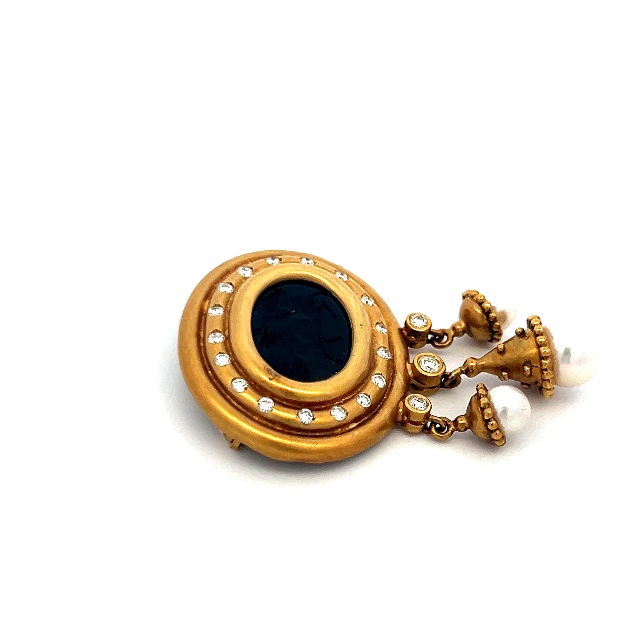 18K YG Pin Brooch with 0.43 Carat Diamond 12.7-17.7 MM Onyx and 5.2-7.5 MM Pearl