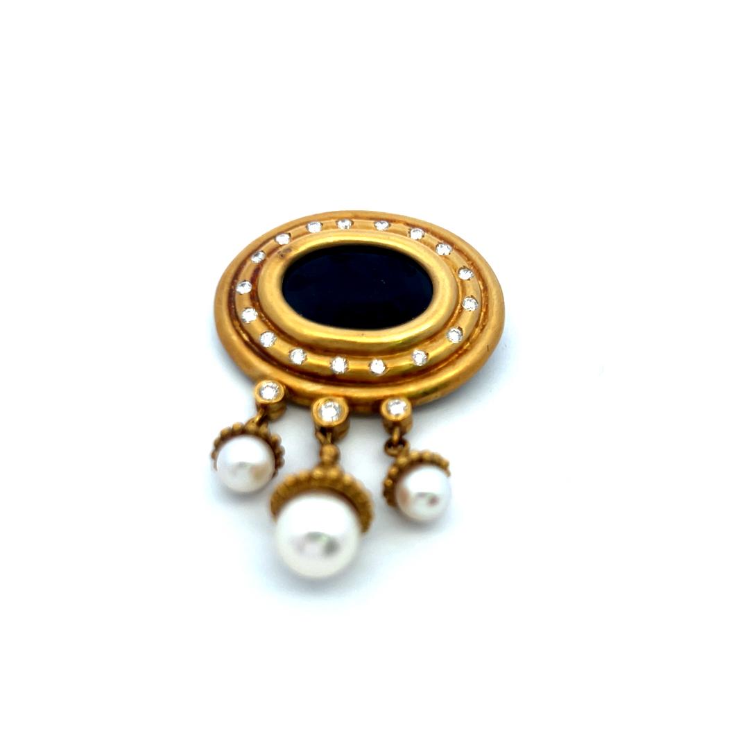 18K YG Pin Brooch with 0.43 Carat Diamond 12.7-17.7 MM Onyx and 5.2-7.5 MM Pearl