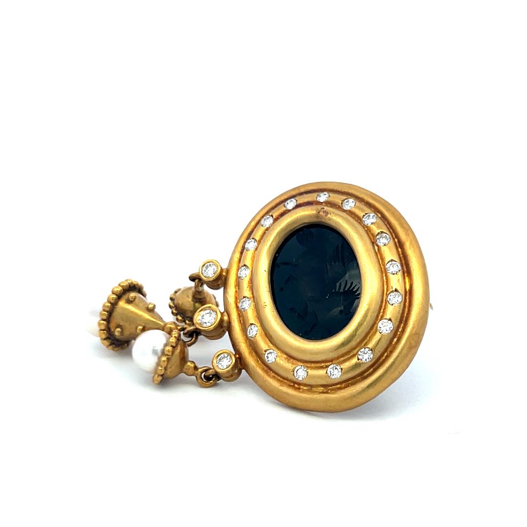 18K YG Pin Brooch with 0.43 Carat Diamond 12.7-17.7 MM Onyx and 5.2-7.5 MM Pearl