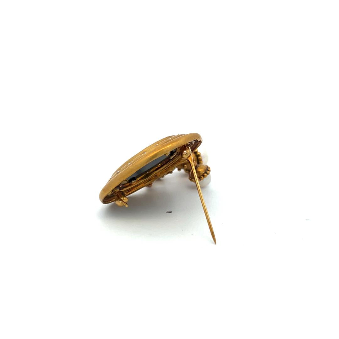 18K YG Pin Brooch with 0.43 Carat Diamond 12.7-17.7 MM Onyx and 5.2-7.5 MM Pearl