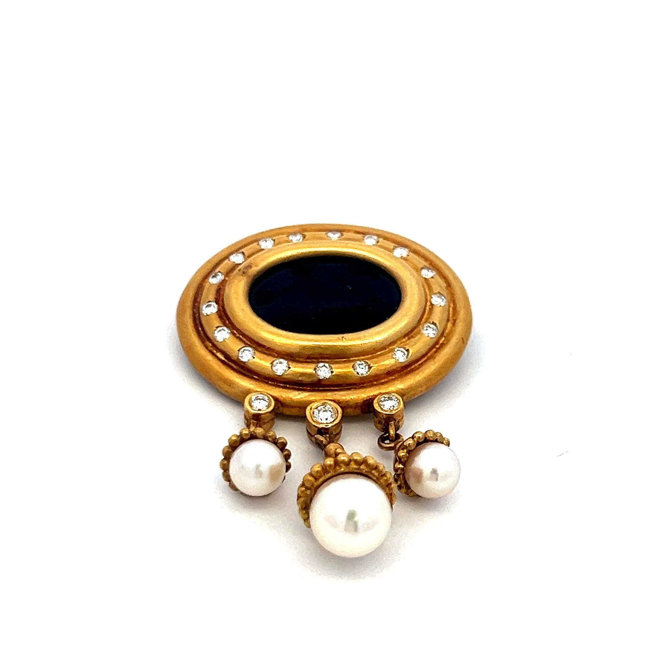 18K YG Pin Brooch with 0.43 Carat Diamond 12.7-17.7 MM Onyx and 5.2-7.5 MM Pearl