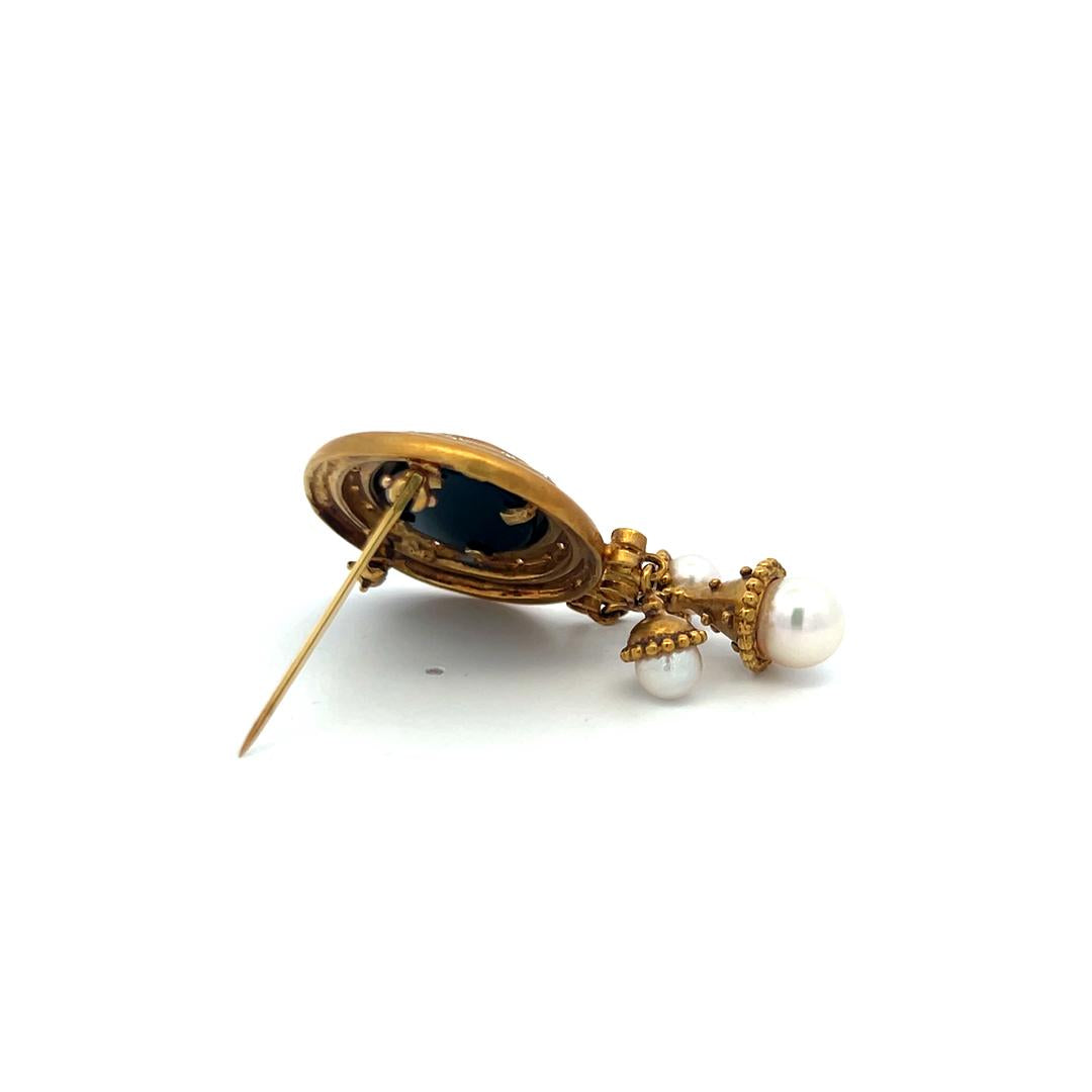 18K YG Pin Brooch with 0.43 Carat Diamond 12.7-17.7 MM Onyx and 5.2-7.5 MM Pearl