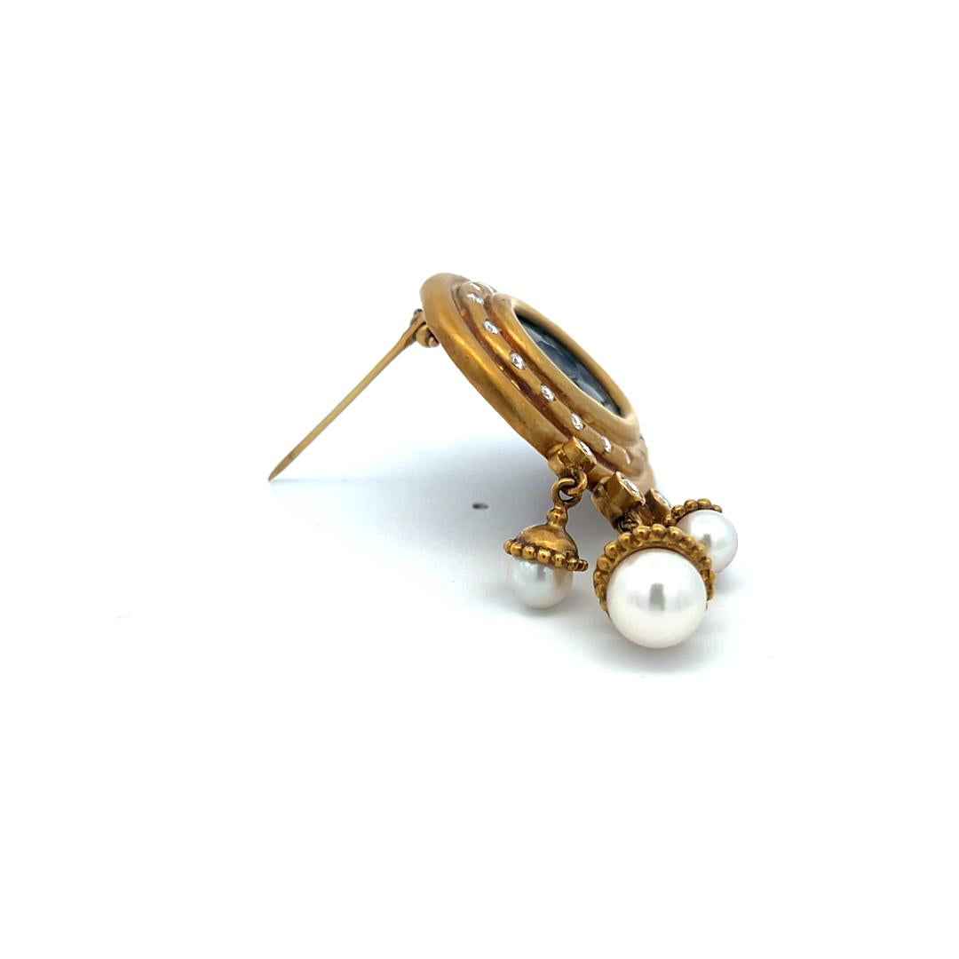 18K YG Pin Brooch with 0.43 Carat Diamond 12.7-17.7 MM Onyx and 5.2-7.5 MM Pearl