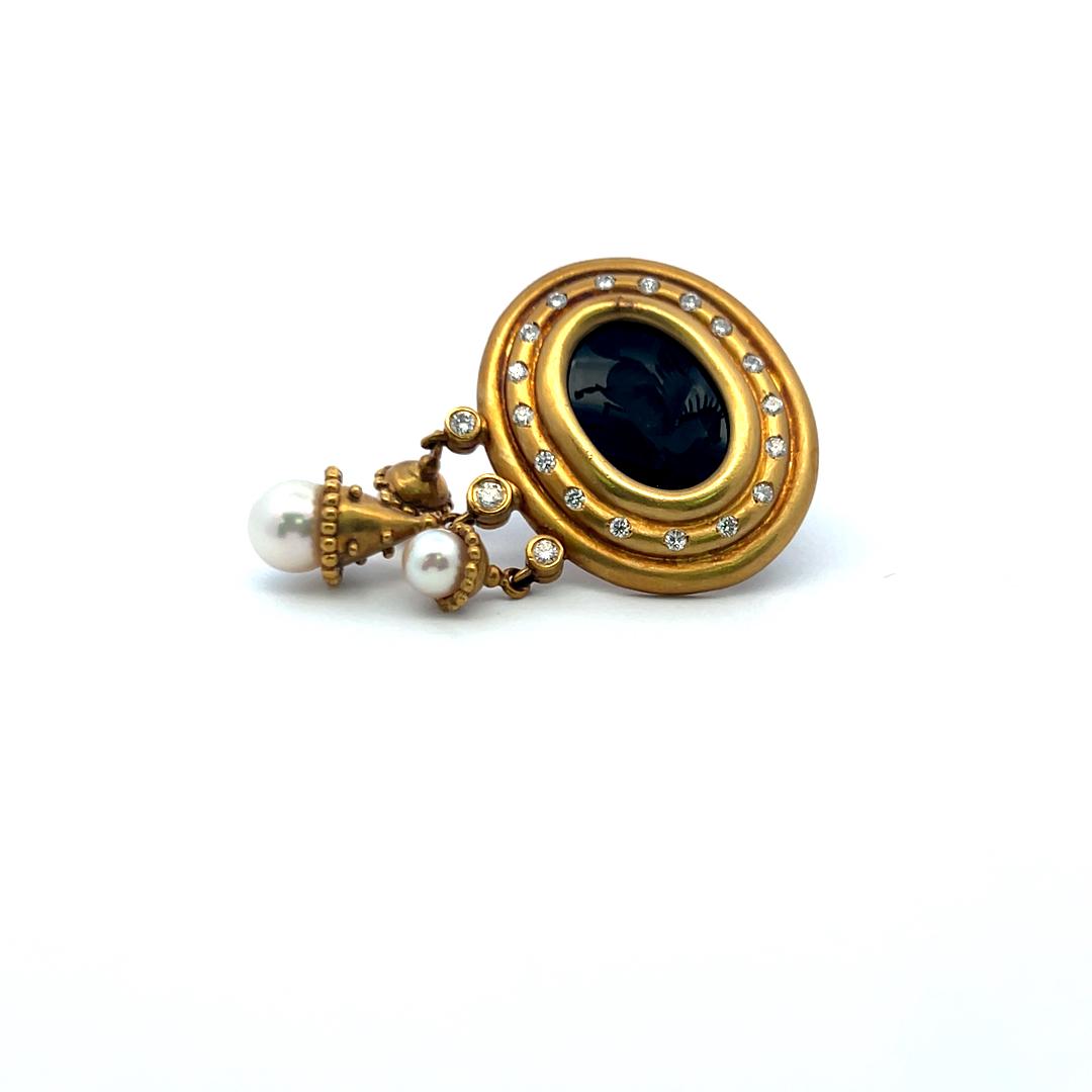 18K YG Pin Brooch with 0.43 Carat Diamond 12.7-17.7 MM Onyx and 5.2-7.5 MM Pearl