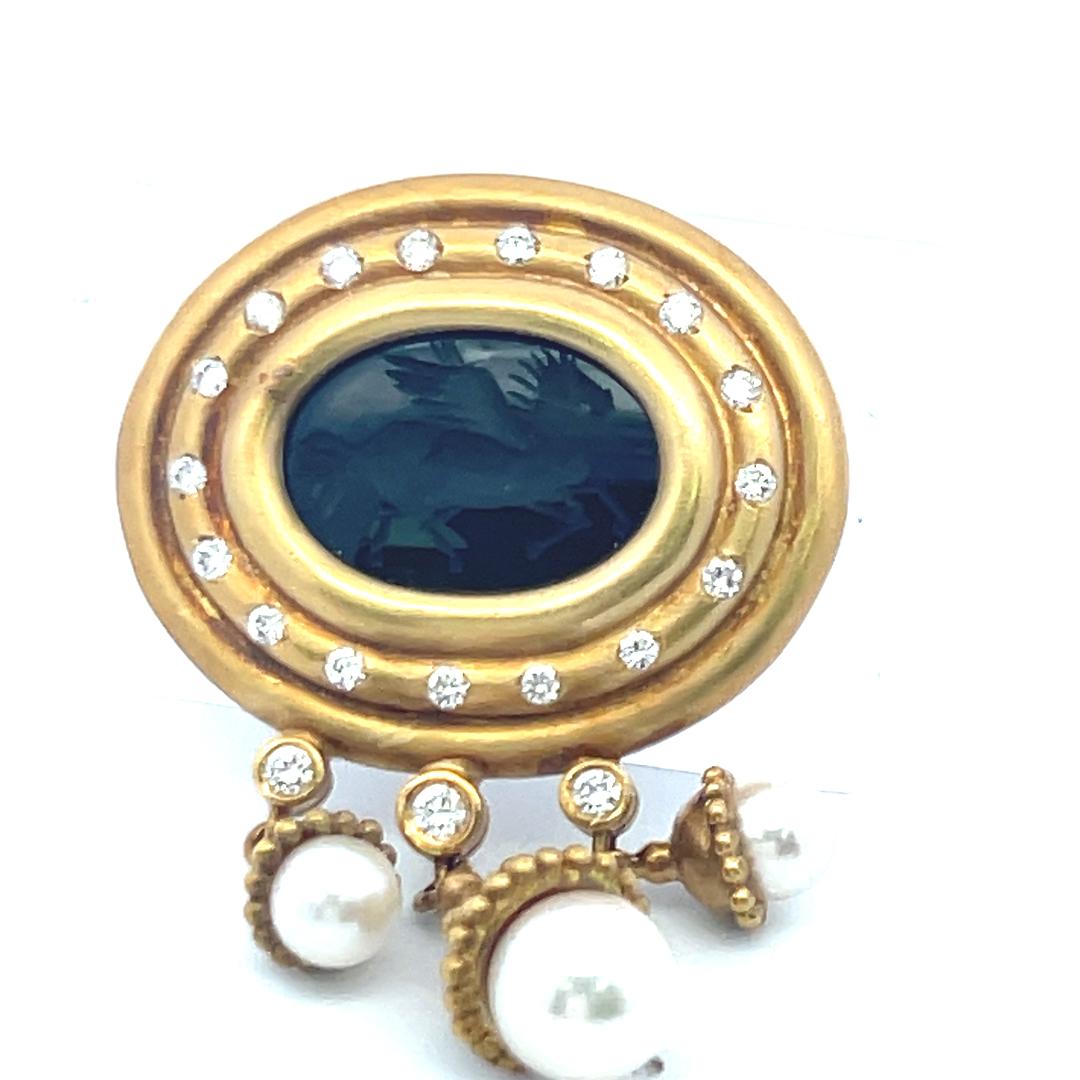 18K YG Pin Brooch with 0.43 Carat Diamond 12.7-17.7 MM Onyx and 5.2-7.5 MM Pearl