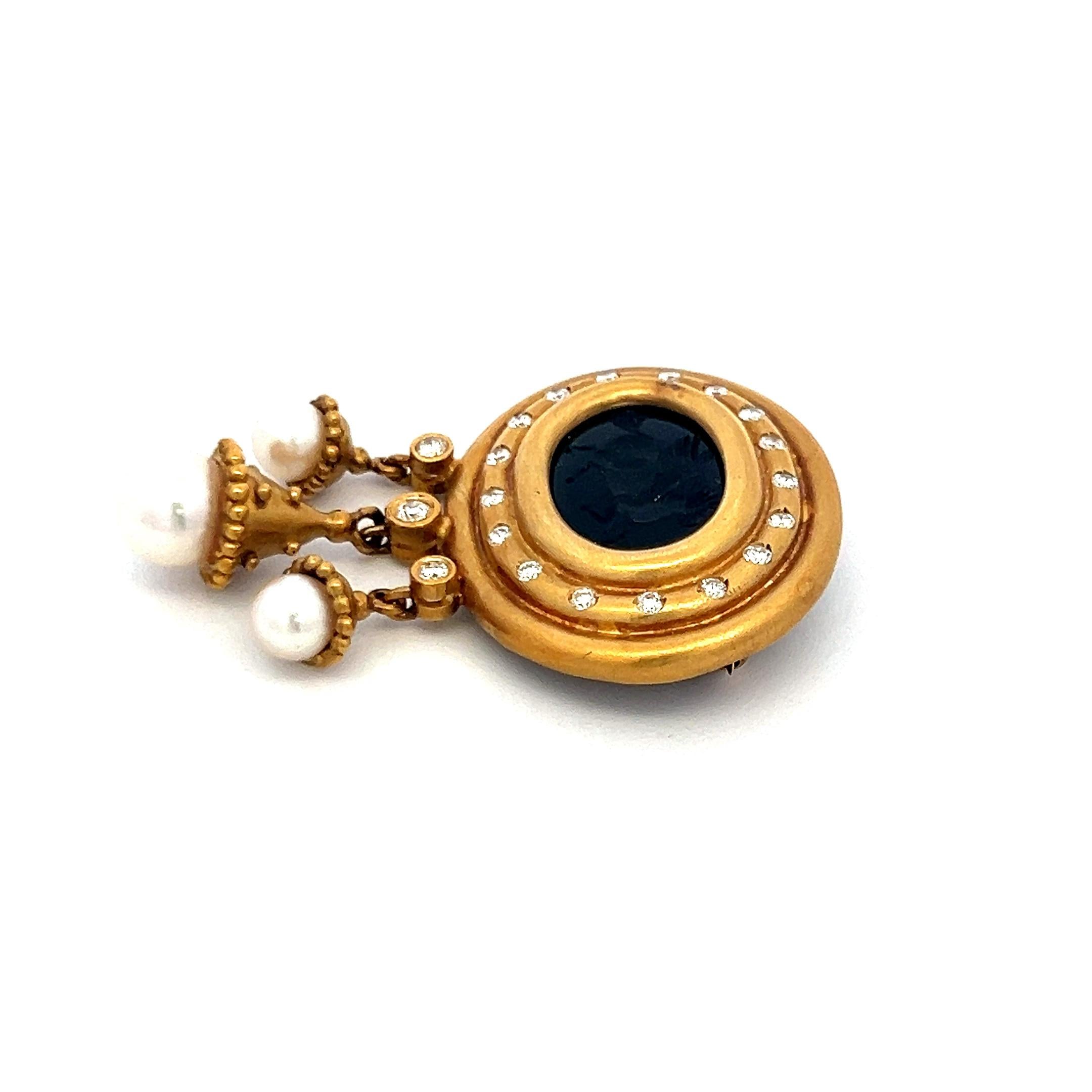 18K YG Pin Brooch with 0.43 Carat Diamond 12.7-17.7 MM Onyx and 5.2-7.5 MM Pearl