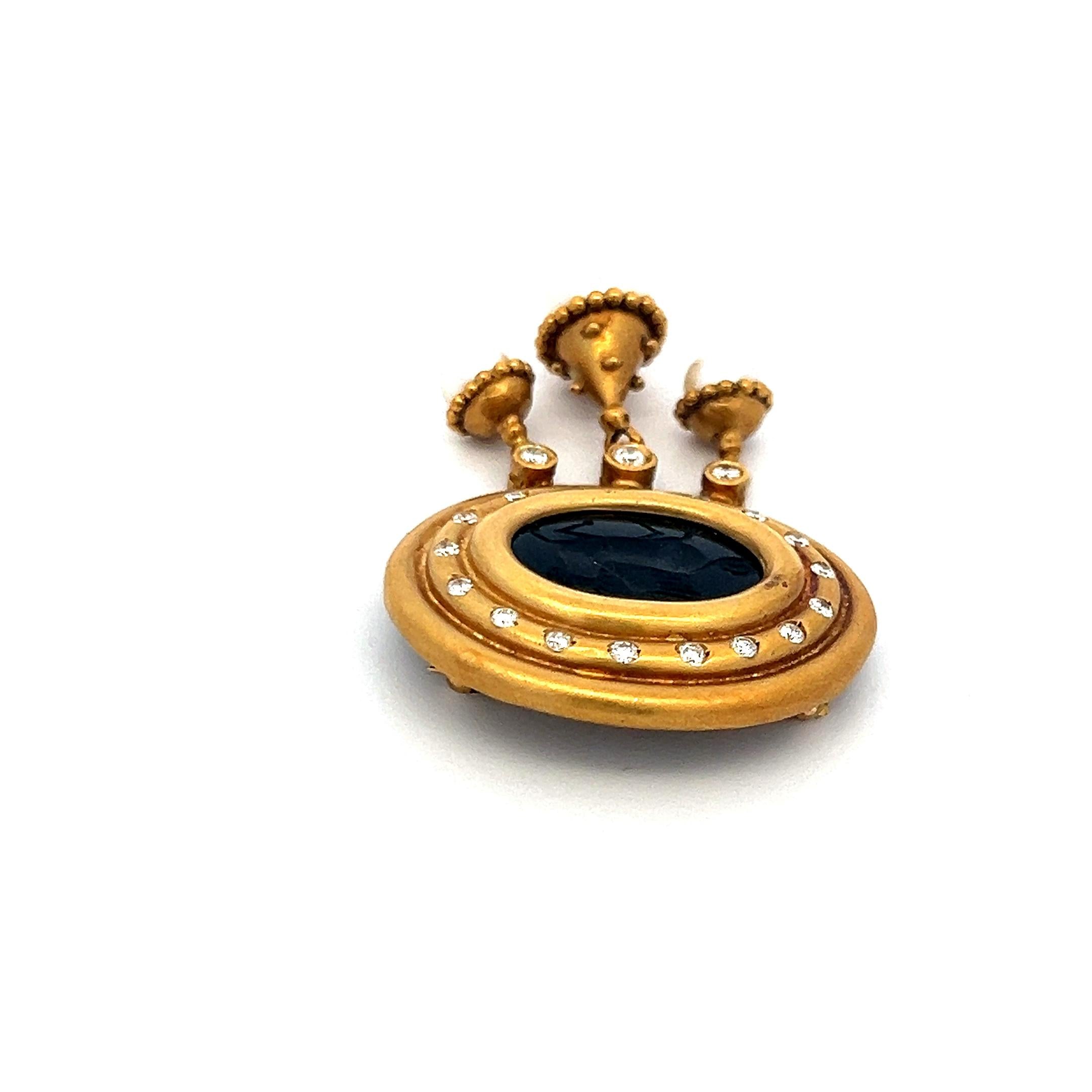 18K YG Pin Brooch with 0.43 Carat Diamond 12.7-17.7 MM Onyx and 5.2-7.5 MM Pearl