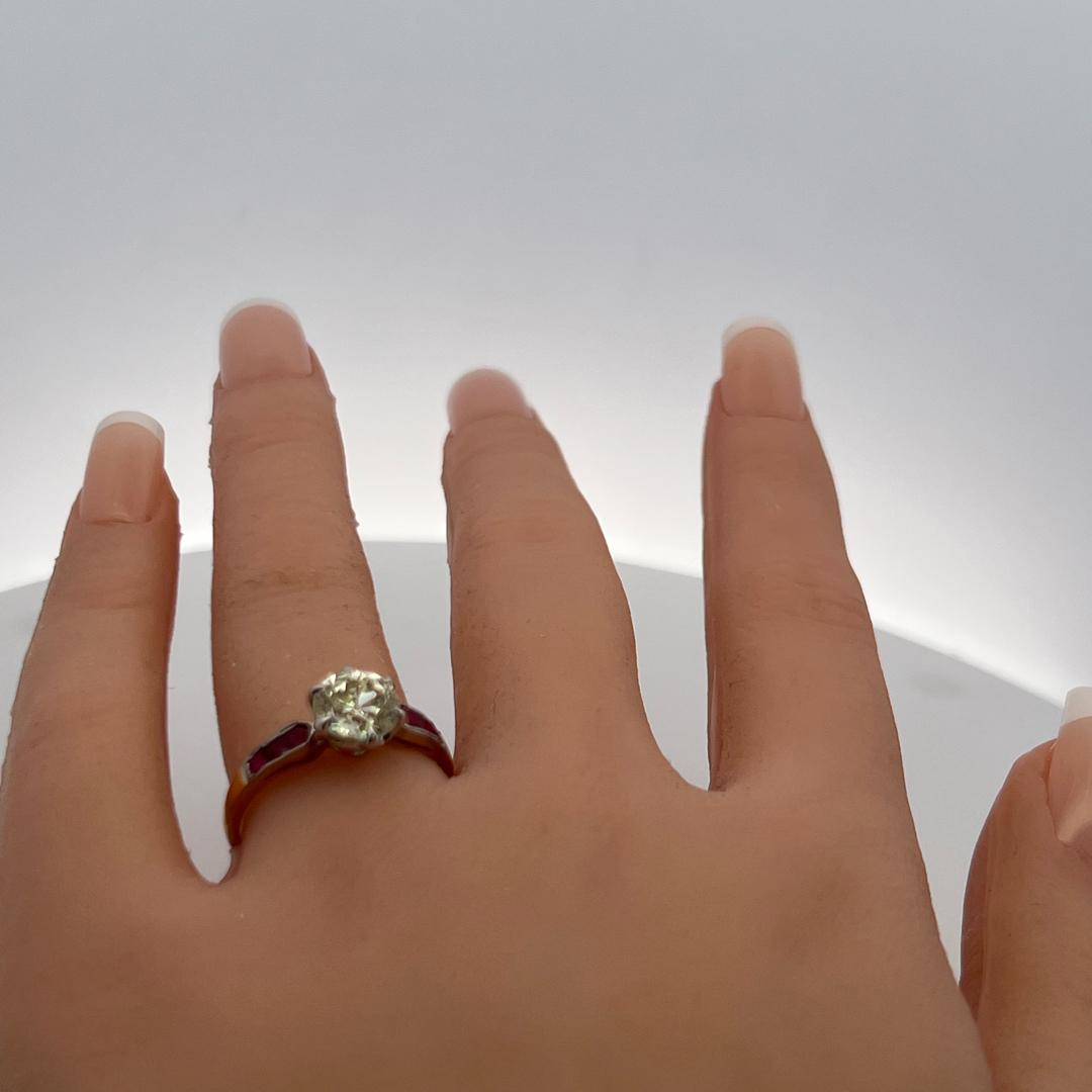 18K Gold Platinum Engagement Ring with 1.61ct European GIA Diamond & 0.21ct Ruby