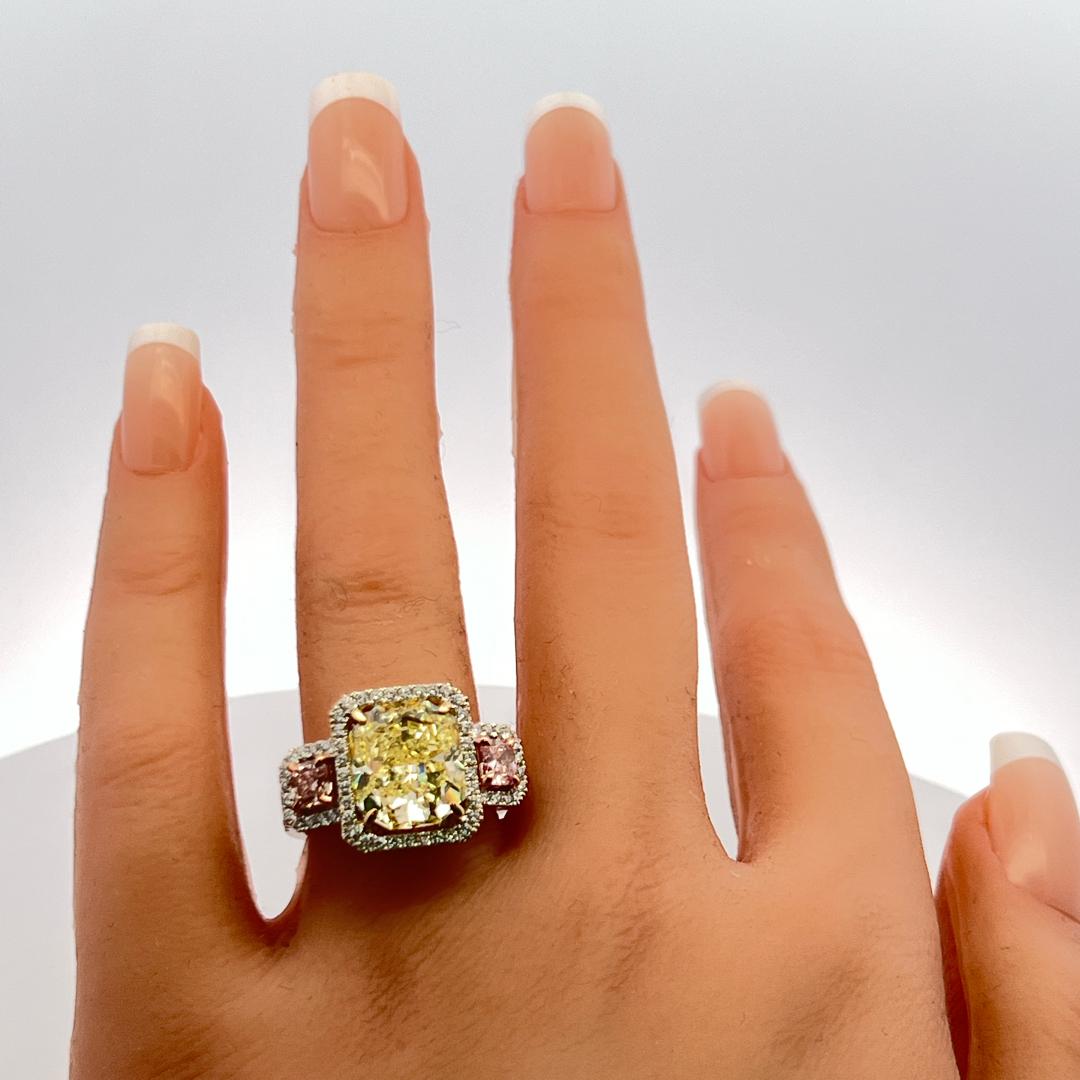 7.19ct Radiant Cut Fancy Yellow & Pink Diamond 18K Tri-Color Gold Ring