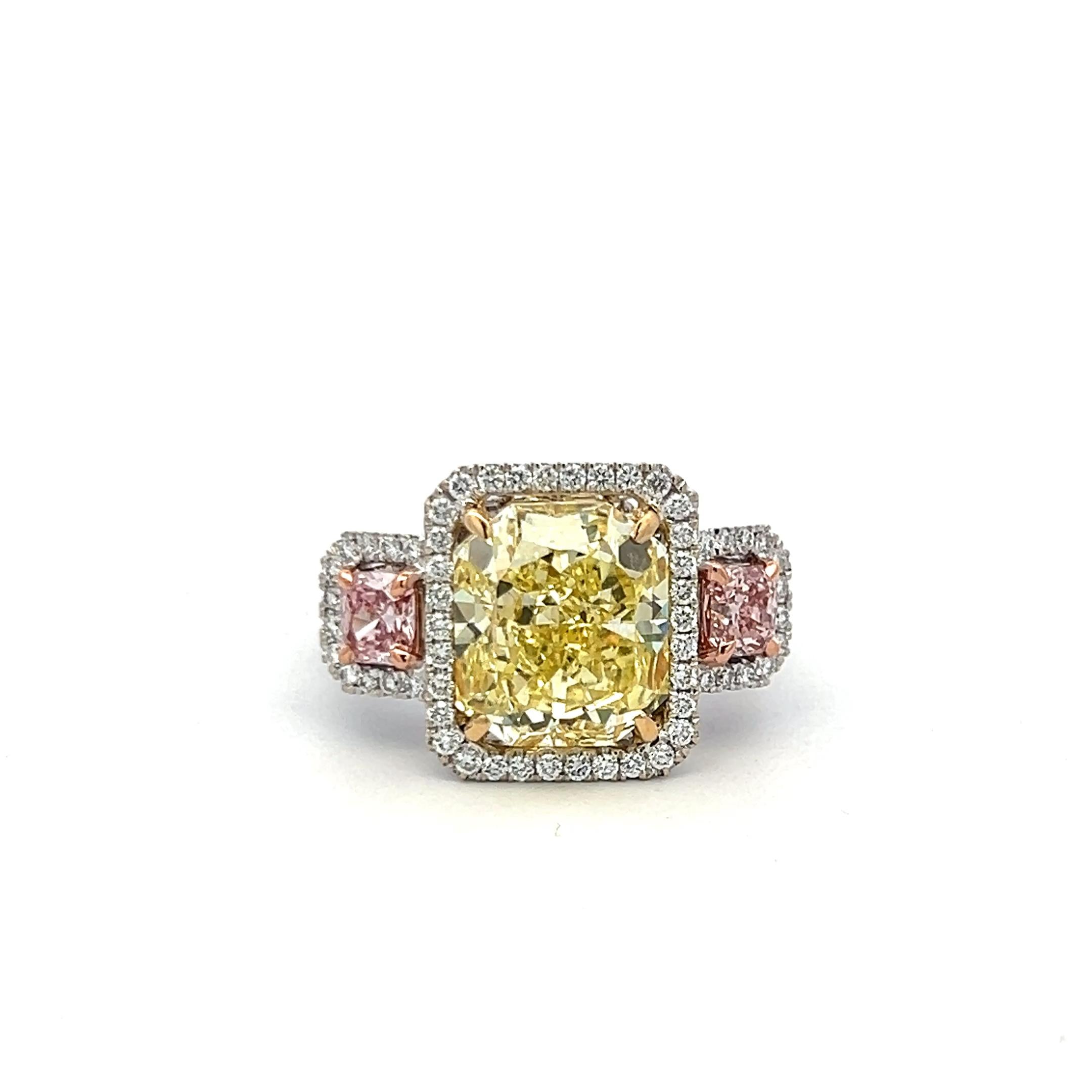 7.19ct Radiant Cut Fancy Yellow & Pink Diamond 18K Tri-Color Gold Ring