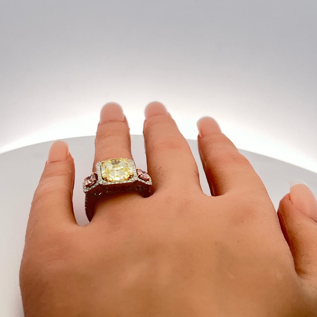 7.19ct Radiant Cut Fancy Yellow & Pink Diamond 18K Tri-Color Gold Ring