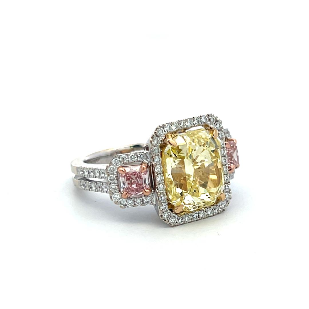 7.19ct Radiant Cut Fancy Yellow & Pink Diamond 18K Tri-Color Gold Ring