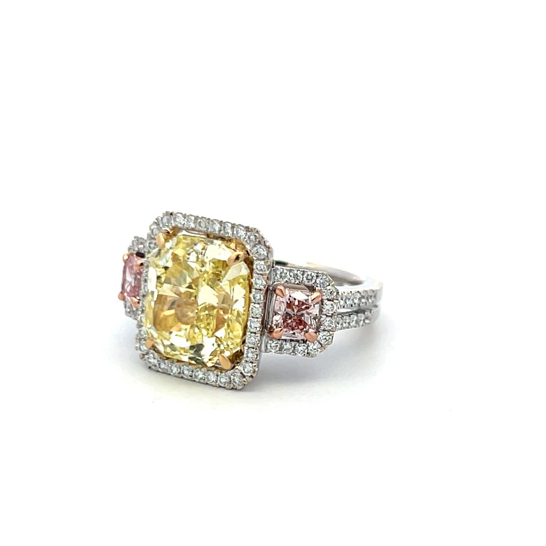7.19ct Radiant Cut Fancy Yellow & Pink Diamond 18K Tri-Color Gold Ring