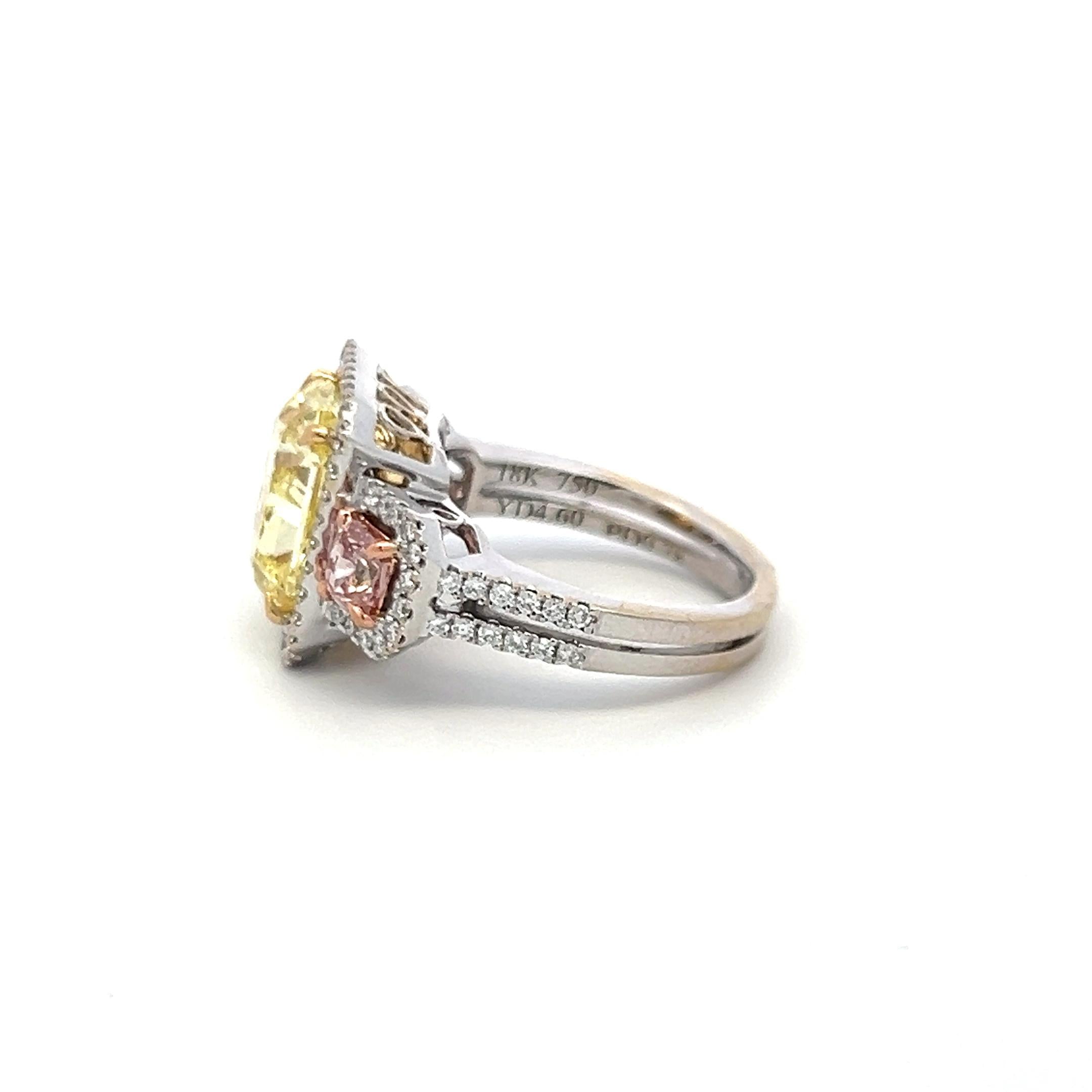 7.19ct Radiant Cut Fancy Yellow & Pink Diamond 18K Tri-Color Gold Ring