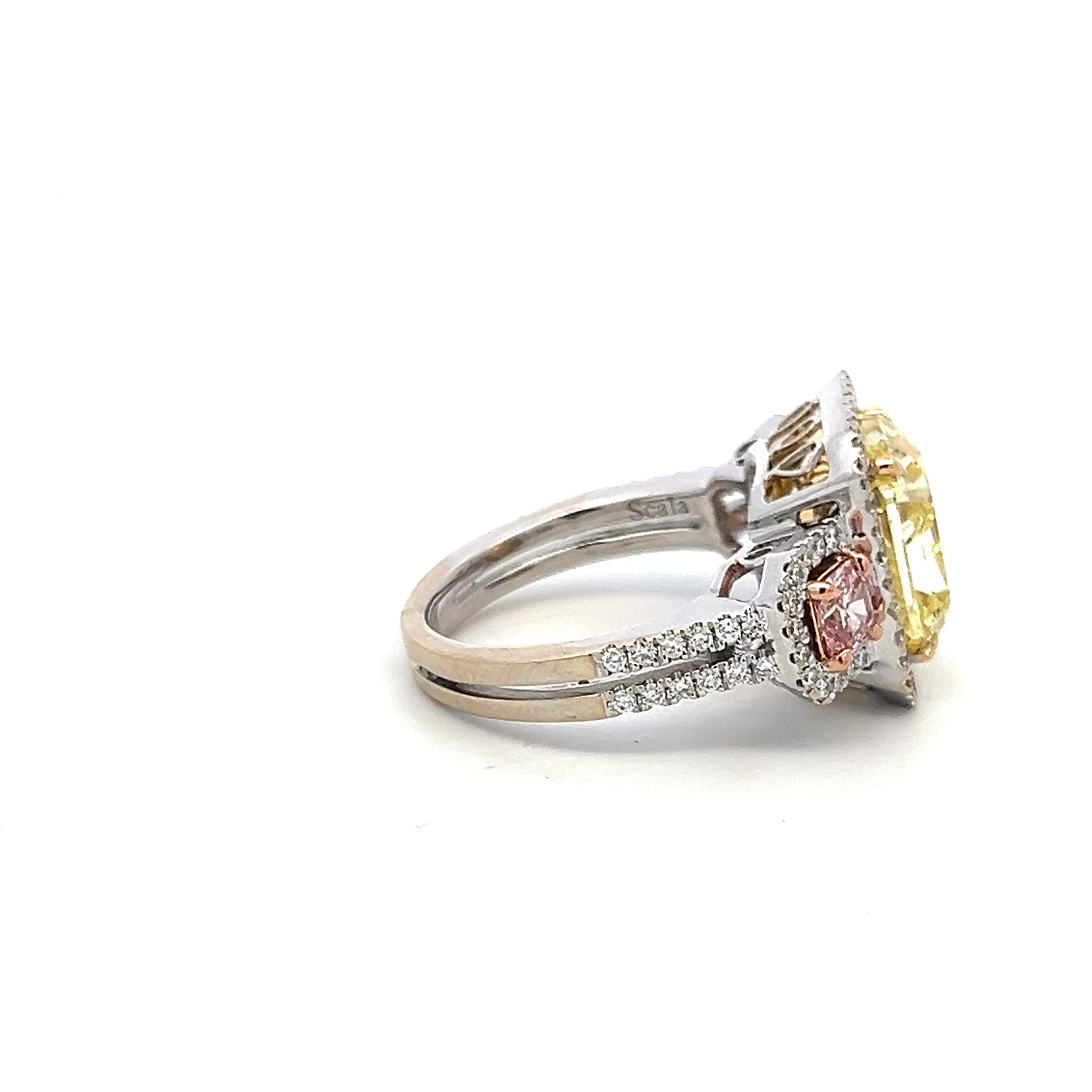 7.19ct Radiant Cut Fancy Yellow & Pink Diamond 18K Tri-Color Gold Ring
