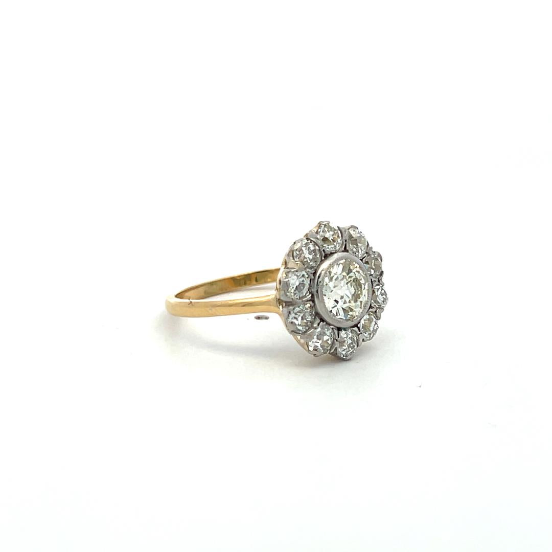 1.98 Carat Old Miner & Old European Diamond Edwardian Two Tone Gold Ring