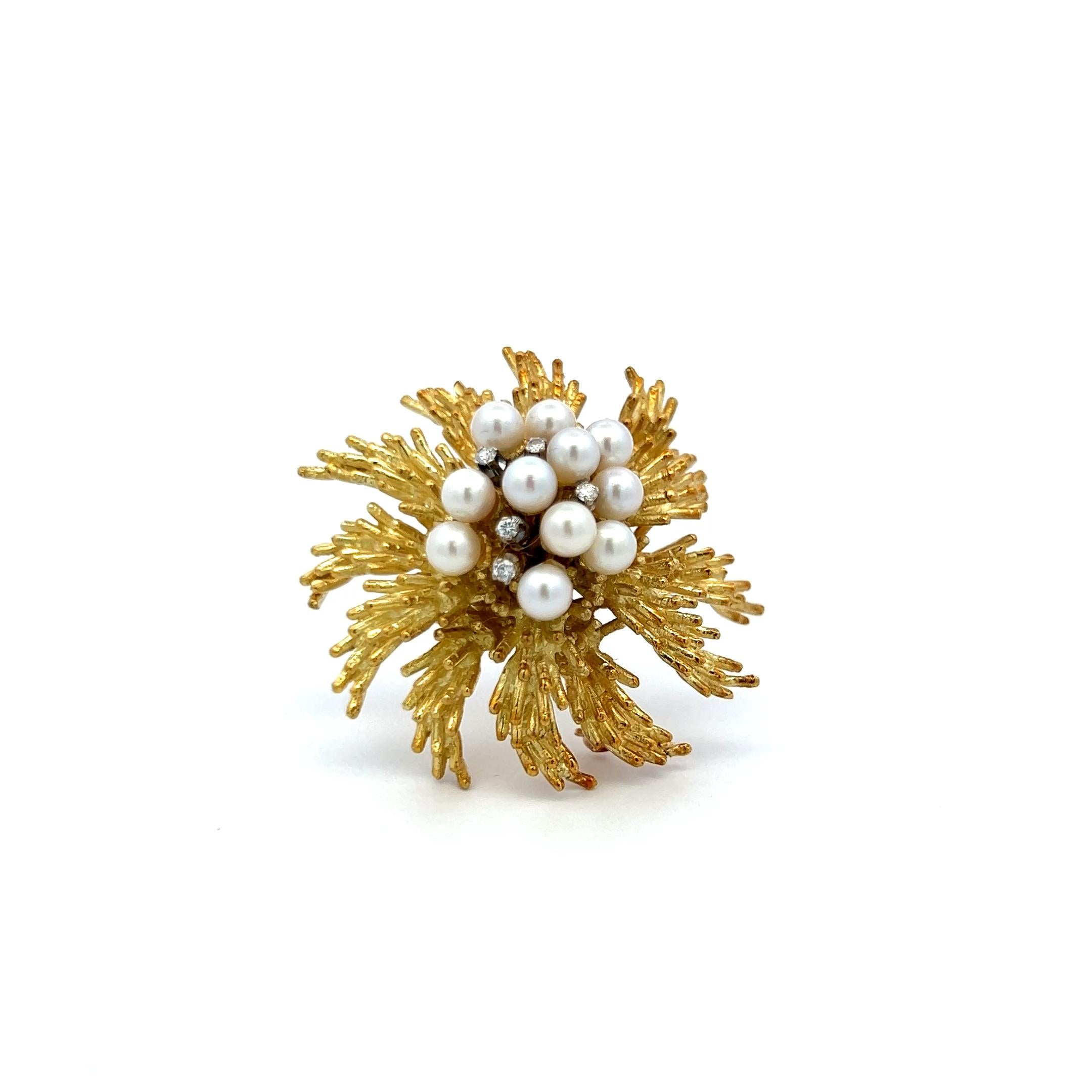 Tiffany & Co. 18K Gold Pearl and Diamond Vintage Floral Pin Brooch