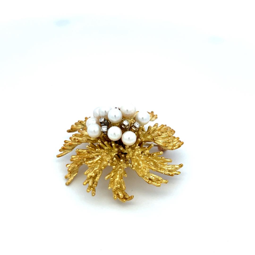 Tiffany & Co. 18K Gold Pearl and Diamond Vintage Floral Pin Brooch