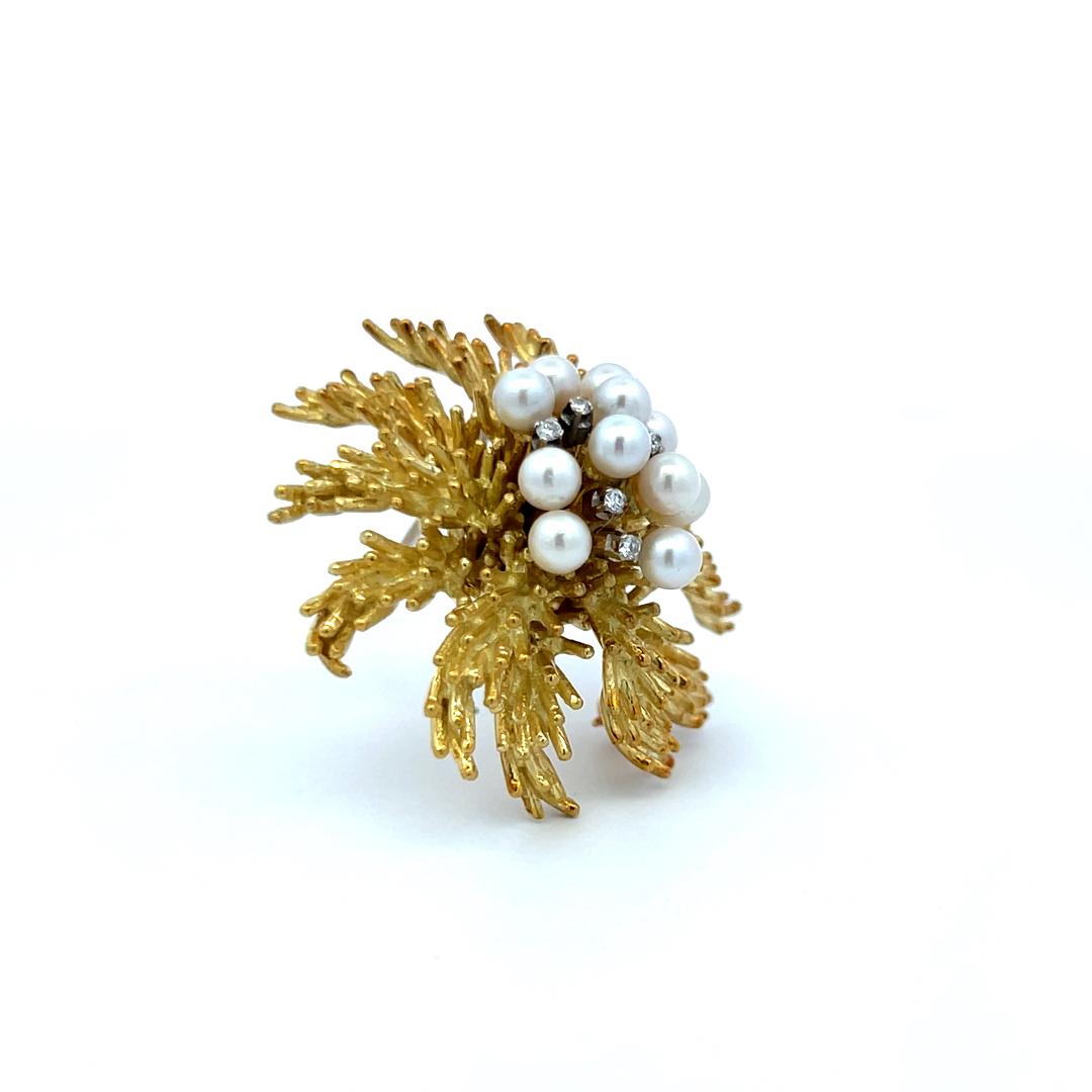 Tiffany & Co. 18K Gold Pearl and Diamond Vintage Floral Pin Brooch
