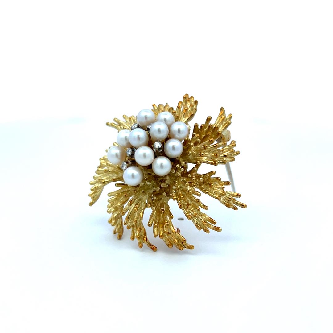 Tiffany & Co. 18K Gold Pearl and Diamond Vintage Floral Pin Brooch