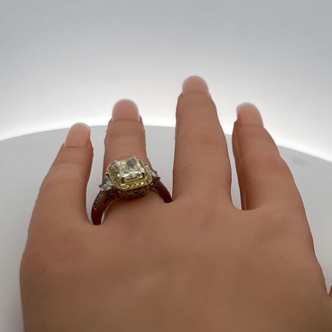 18K Two Tone Gold Ring with 3.24 Carat Radiant Cut GIA Diamond Size 10