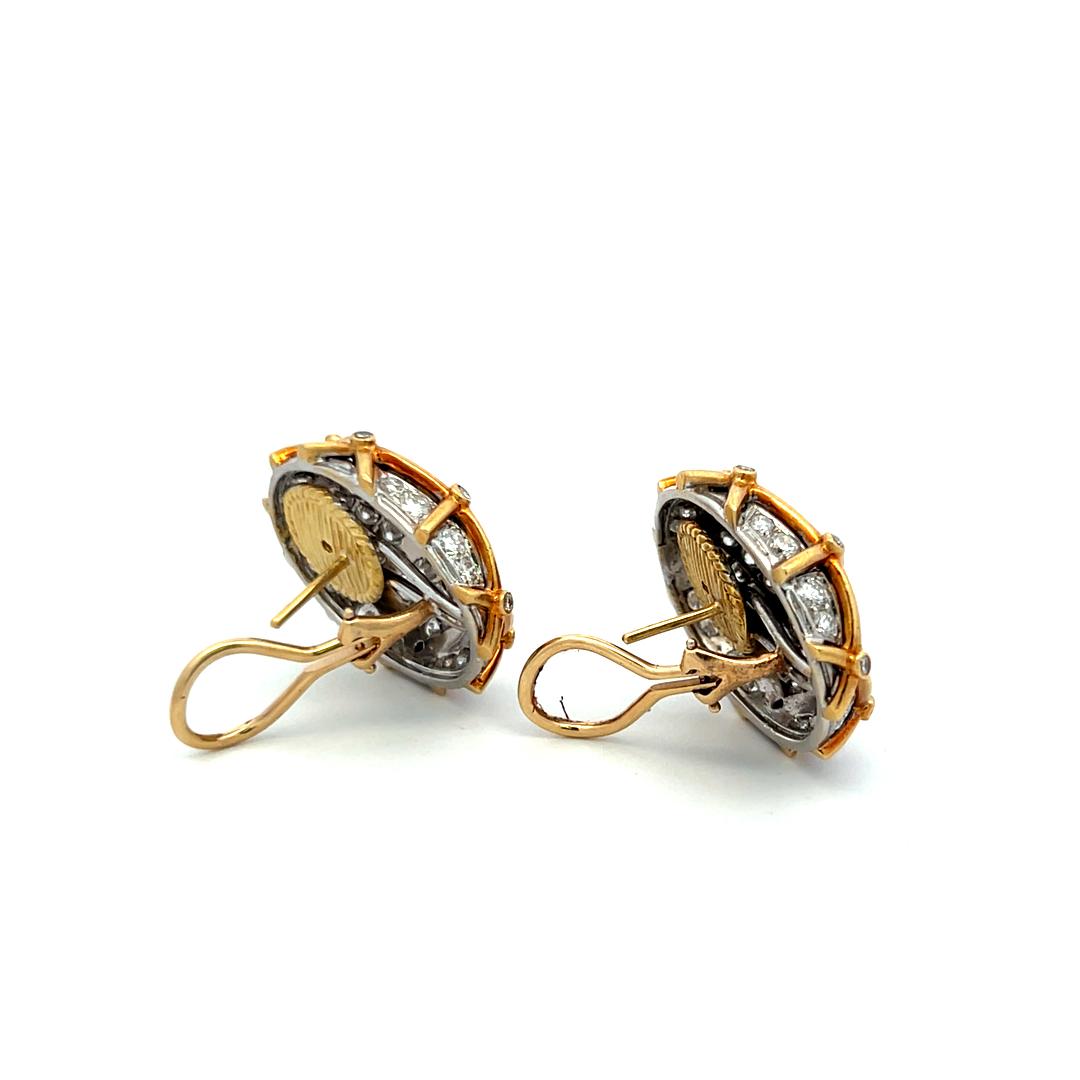 Vintage 18K Two Tone Gold Clip On Earrings with 7.46 Carat Round E-VS Diamonds