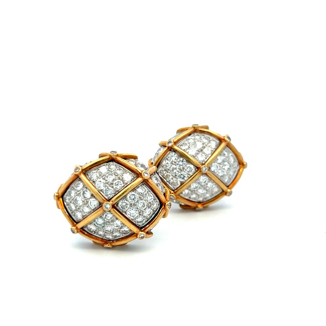 Vintage 18K Two Tone Gold Clip On Earrings with 7.46 Carat Round E-VS Diamonds