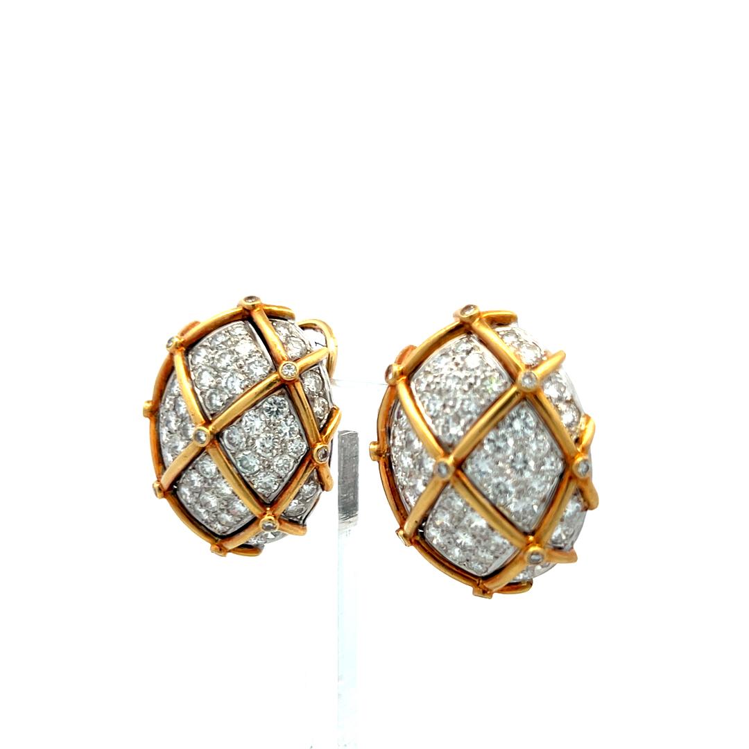 Vintage 18K Two Tone Gold Clip On Earrings with 7.46 Carat Round E-VS Diamonds