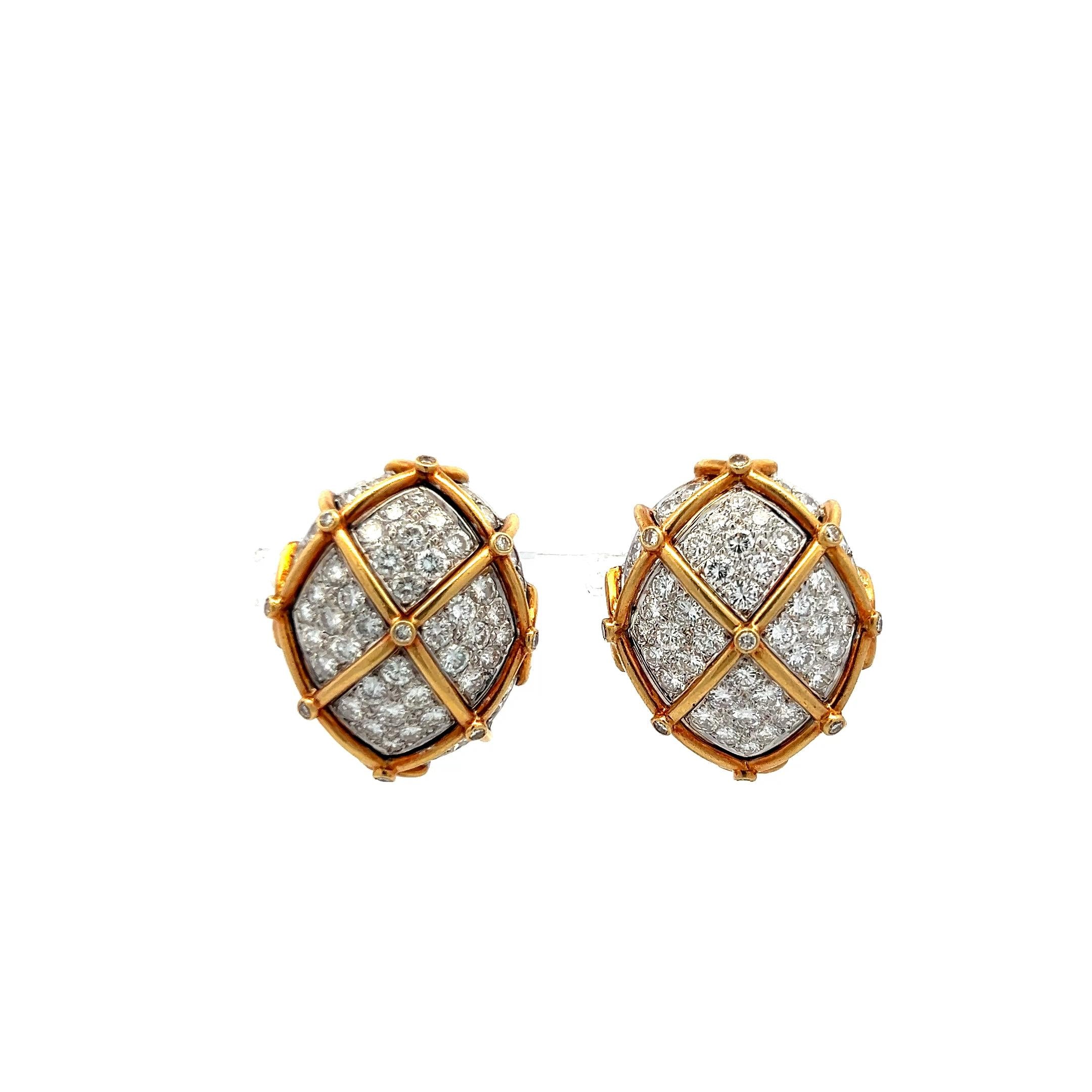 Vintage 18K Two Tone Gold Clip On Earrings with 7.46 Carat Round E-VS Diamonds