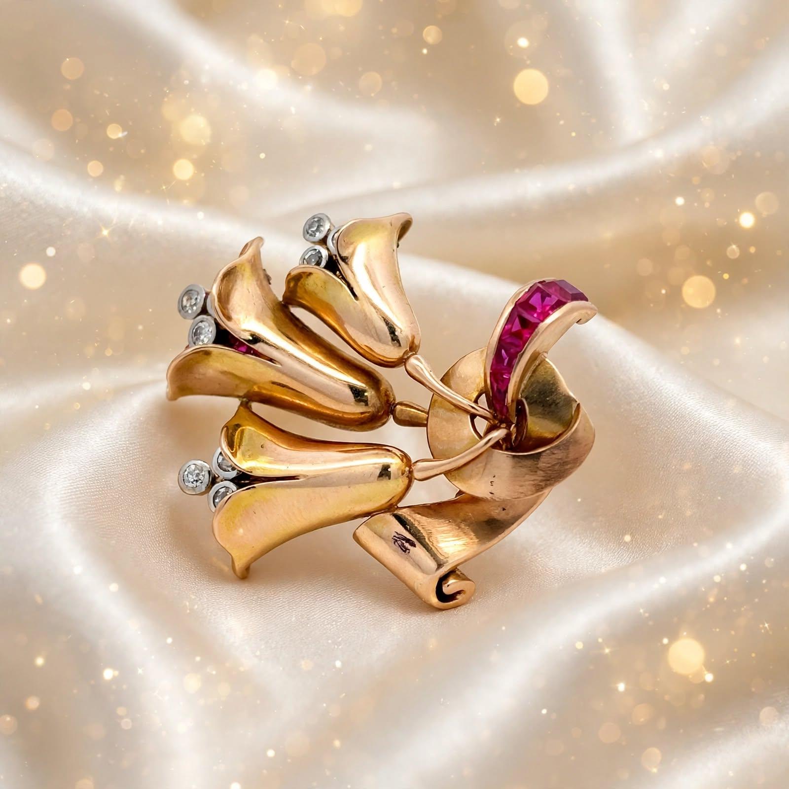 Tiffany & Co 18K Gold Platinum Pin Brooch 0.21ct Diamonds 0.66ct Ruby & Multigem