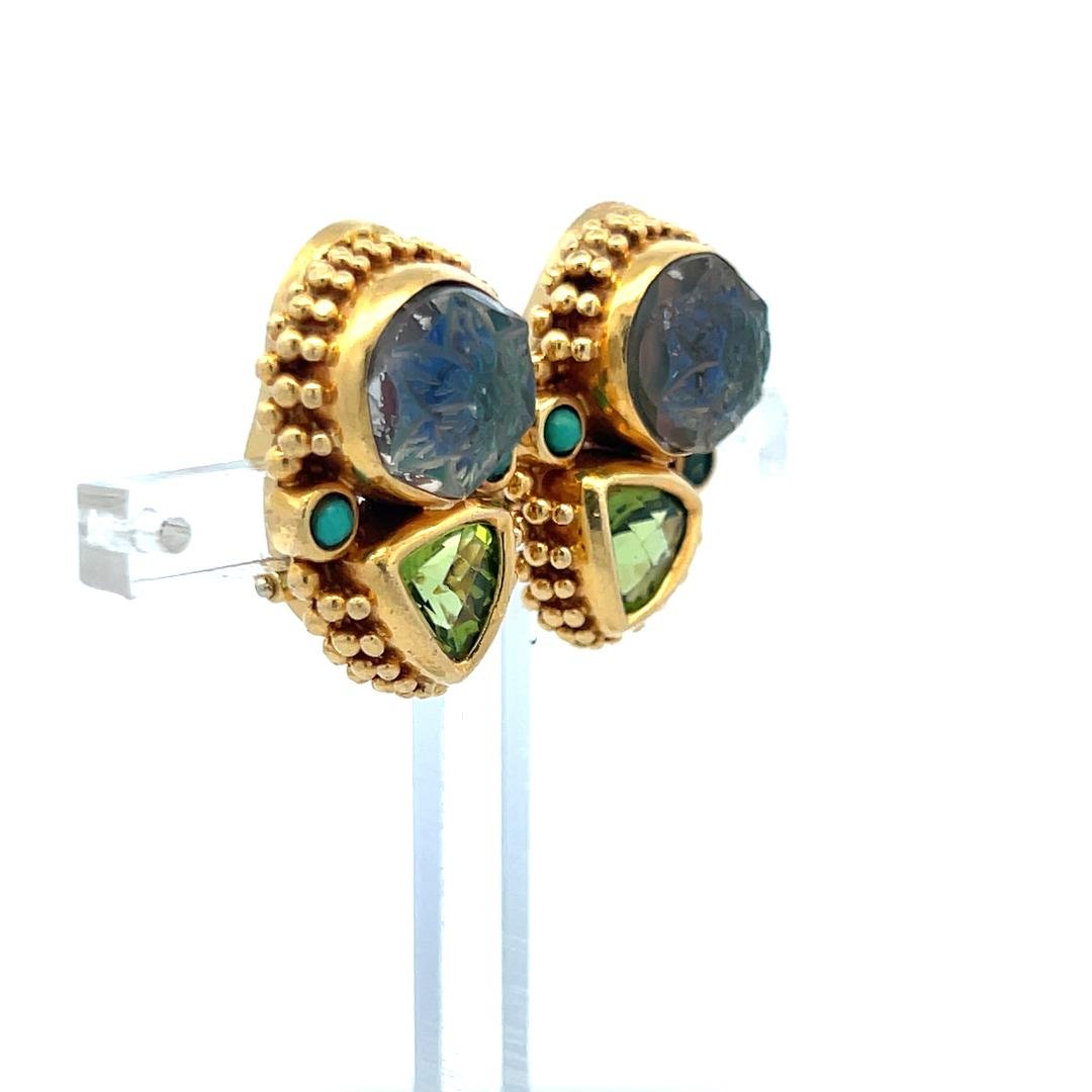 Stephen Dwek 18K Yellow Gold Clip-On Earrings with 1.75MM Turquoise Gemstones