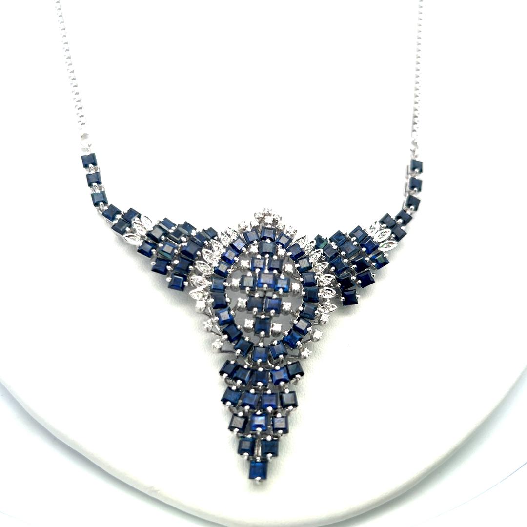 14K WG Pendant Necklace with 0.75 Carat Round G SI Diamonds & 9.6 Carat Sapphire