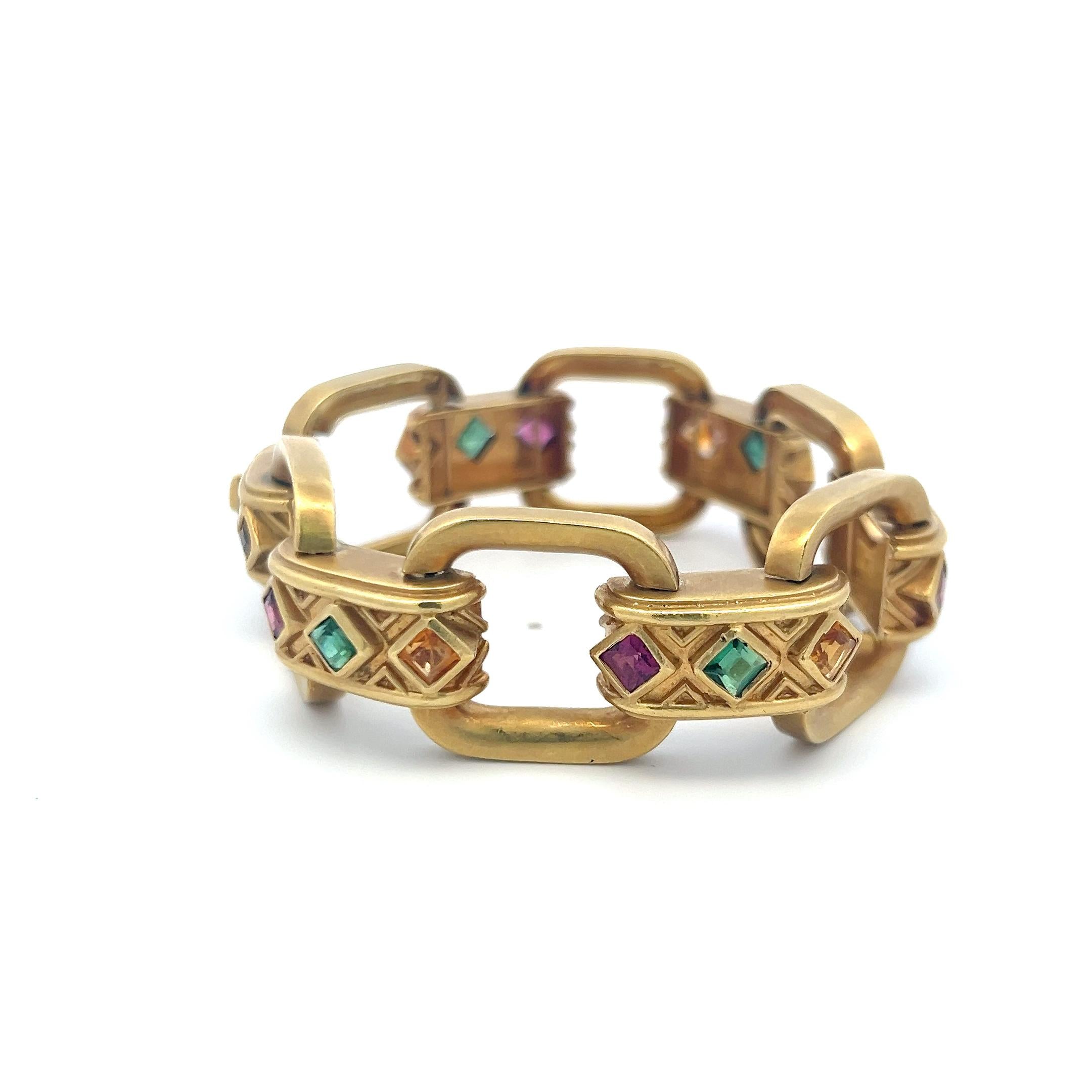 Vintage 18K Yellow Gold Bold Link Bracelet with 1 Carat Synthetic Stones