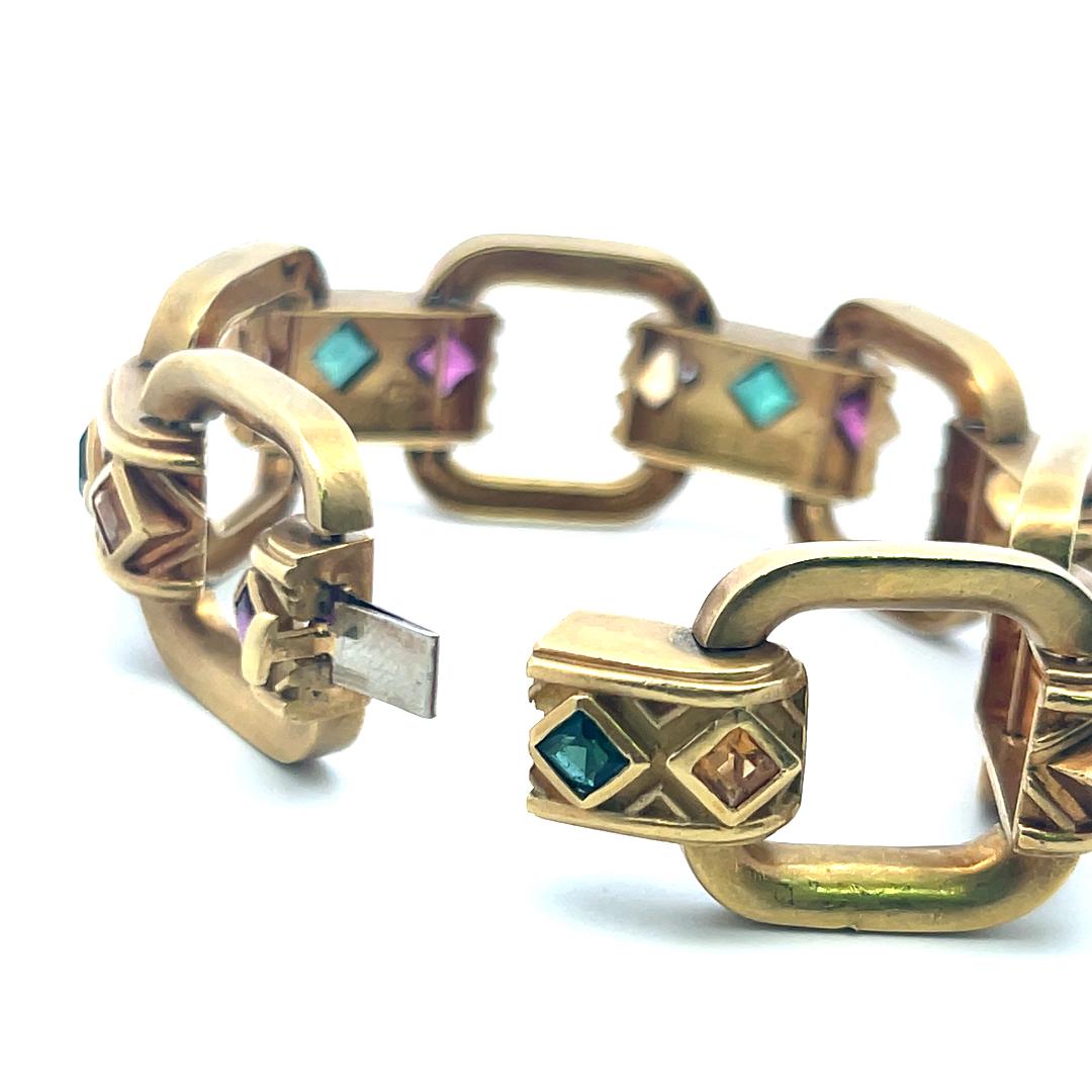 Vintage 18K Yellow Gold Bold Link Bracelet with 1 Carat Synthetic Stones