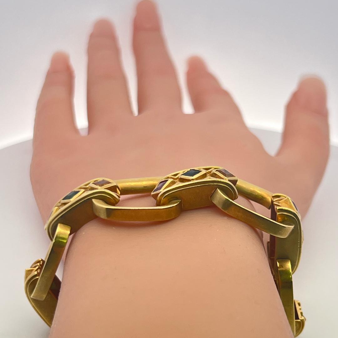 Vintage 18K Yellow Gold Bold Link Bracelet with 1 Carat Synthetic Stones