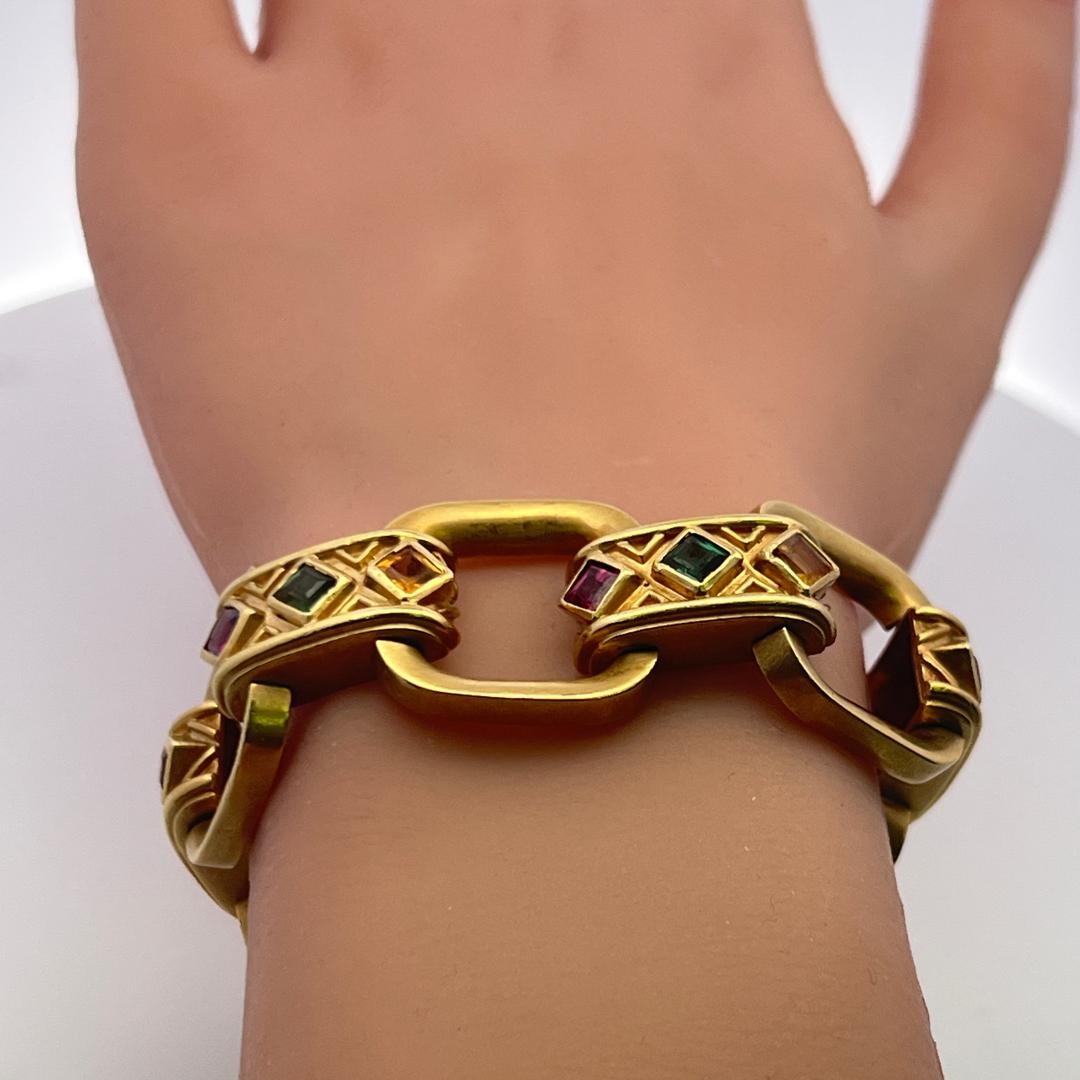 Vintage 18K Yellow Gold Bold Link Bracelet with 1 Carat Synthetic Stones