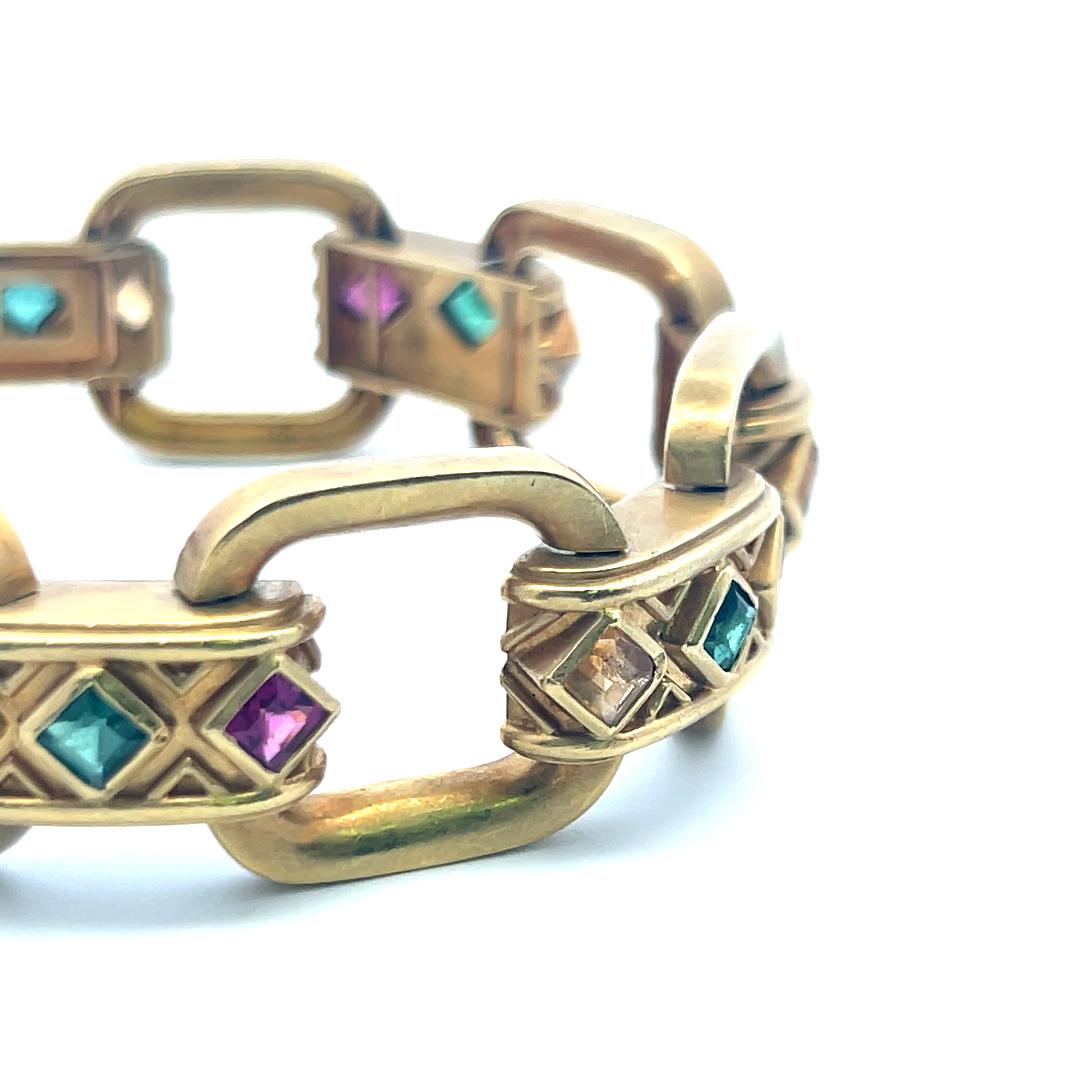 Vintage 18K Yellow Gold Bold Link Bracelet with 1 Carat Synthetic Stones